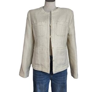 Jaclyn Smith Acrylic Poly Ivory Silver Rawedge Tweed Button Blazer Size 10